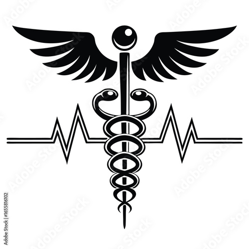 Caduceus symbol with wings and a heartbeat EKG line medical symbol healthcare