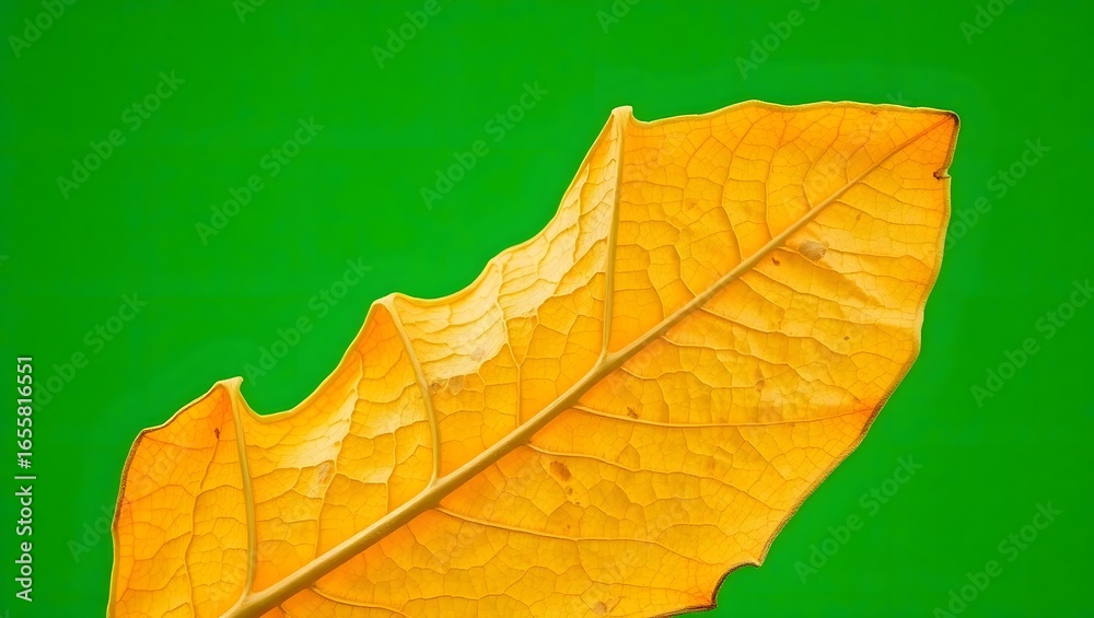 Fototapeta premium A close up of a yellow leaf with visible veins and some damage against a green background space