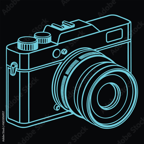 Cyan Outline of a Digital Camera on Black Background photography photo