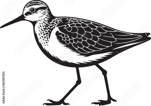 Black and white vector illustration of a sandpiper bird