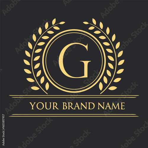 Golden Laurel Wreath Emblem with Letter G and Brand Name Placeholder logo