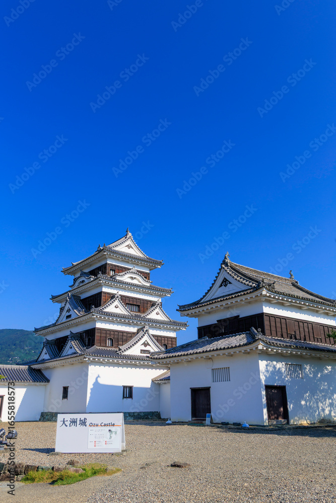 Fototapeta premium 青空に映える愛媛県大洲城の美しい天守閣と城郭風景