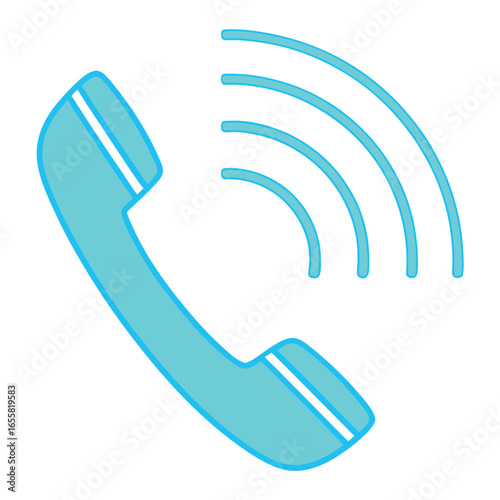 Light blue telephone handset with sound waves on white background call communication