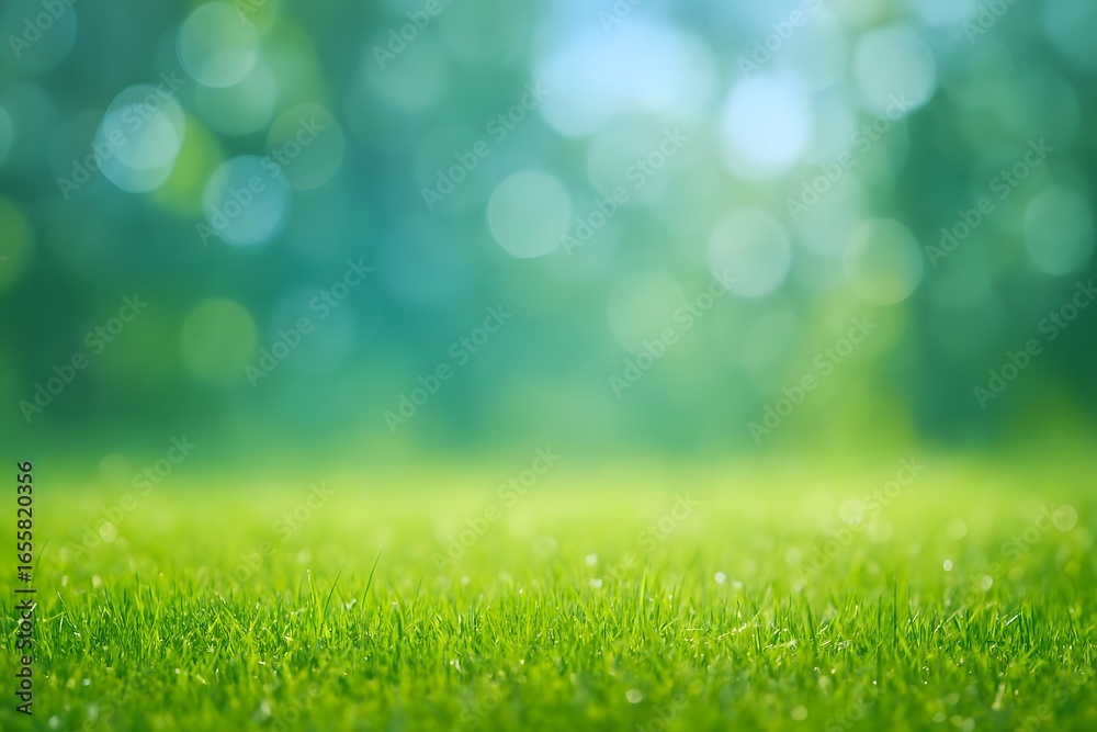 Obraz premium Soft focus green grass field with bokeh sunlight and trees