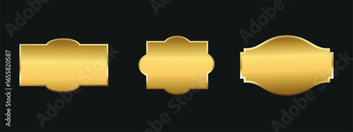 three gold elements on a black background. From left to right: a rectangular plate with notches on the edges, a round medal or badge, and a shield-shaped form.