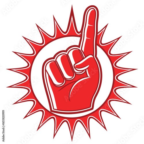 Red foam finger pointing up inside a starburst circle hand number one