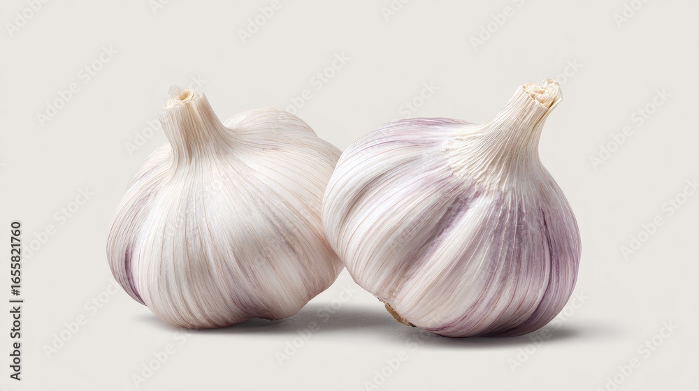 Obraz premium Two whole heads of garlic against a neutral background.