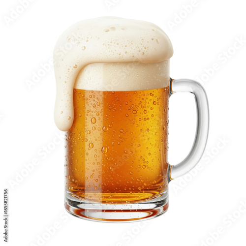 Frothy amber beverage served in a glass mug, beautifully rendered in 3D and isolated on a transparent background. A refreshing beer topped with foam, perfect for drink advertisements, summer themes, a