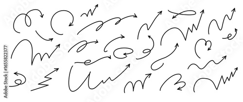 Motion bounce arrow set, hand drawn line design spiral. Expressive jump effect. Includes ball motion paths for sports. Vector illustration isolated