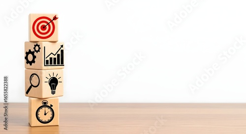 Business strategy wooden blocks concept: target, process, analysis, idea, time management stack
