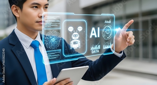 Businessman using ai interface for data analysis and machine learning technology concept now trending