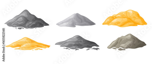 Piles of sand, gravel, cement, Building material heaps. Perfect for building site concepts. Vector illustration isolated on white background