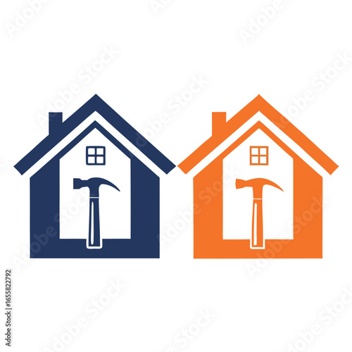 Two Houses with Hammers Logo in Blue and Orange on White Background home construction