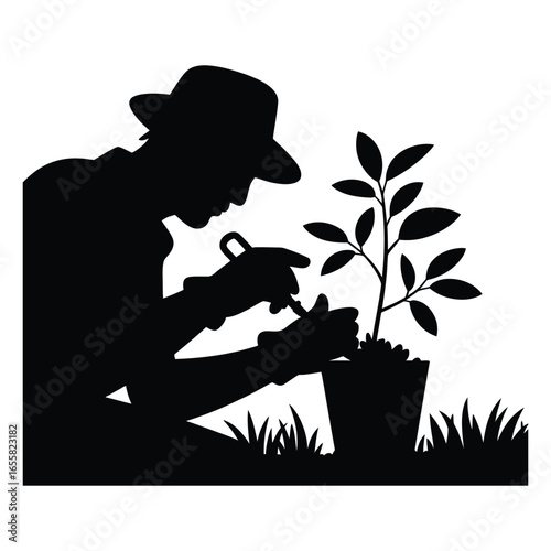 Man Grafting Plant Silhouette, Vector, Illustration, Outline, Line Art, Icon, White Background.