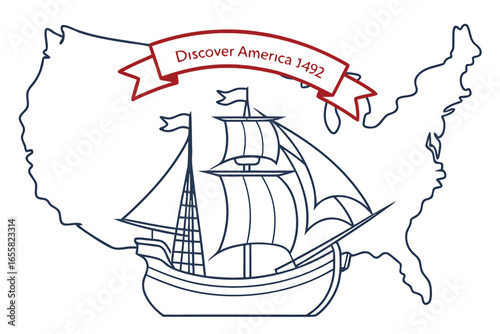 Line art map silhouette with a caravel ship and ribbon