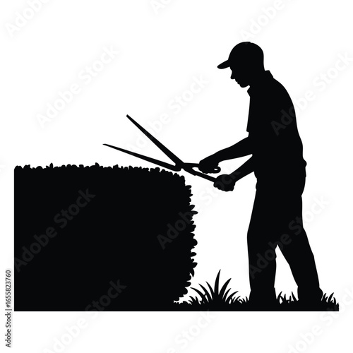 Man Trimming Hedges Silhouette, Vector, Illustration, Outline, Line Art, Icon, White Background.