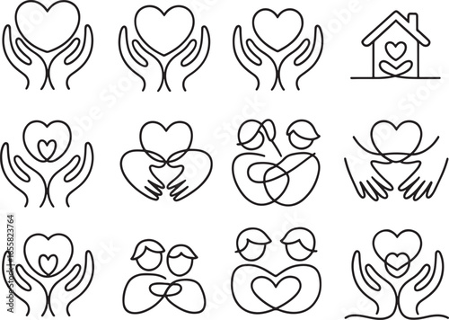 Collection of Line Art Icons Representing Love Care Support and Family heart