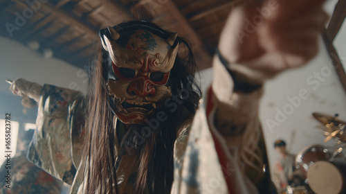 Traditional Japanese festival mask dancer at Kasuga Wakamiya On-Matsuri with dramatic gestures and sacred ritual performance in Nara shrine ceremony.