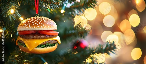 Christmas ornament in the shape of a hamburger with cheese hanging from a Christmas tree branch