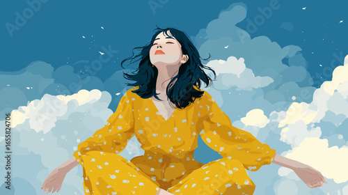 Stylish Digital Illustration of Woman Meditating with Clouds and Sky Background