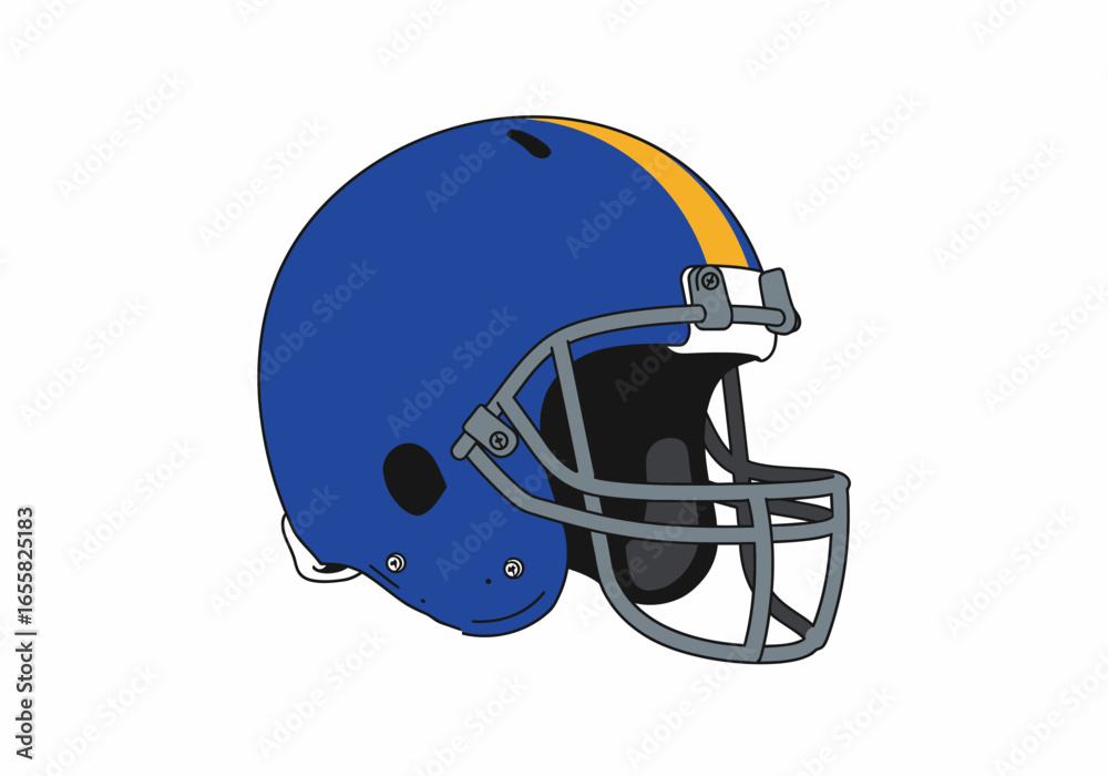 Naklejka premium Blue and yellow football helmet vector illustration, a classic sports headgear icon isolated on a white background for graphic design.