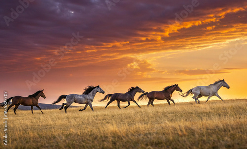 A line of five horses of various colors—white, brown, and gray—gallop across a golden grassy field at sunset. The sky is painted with vibrant hues of orange, purple, and pink, creating a dramatic back