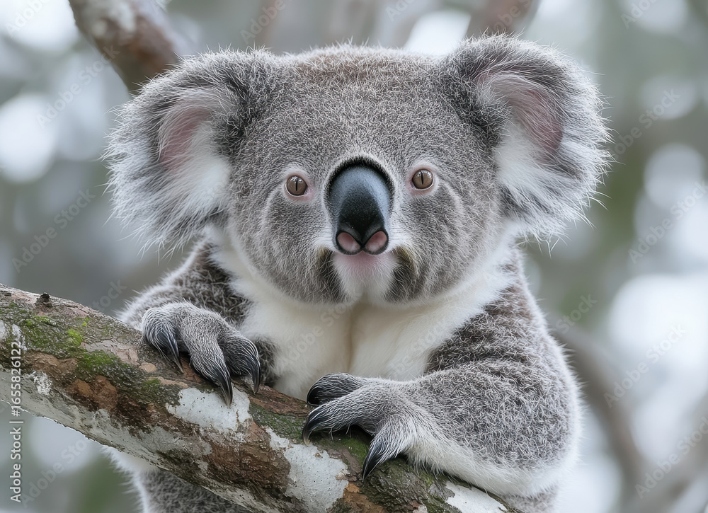 Obraz premium Close-Up Portrait of Koala with Eucalyptus Tree in Natural Habitat, Fluffy Ears and Soft Grey Fur Highlighted