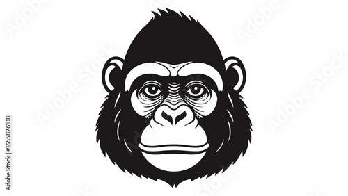 simple calm gorilla face vector shape illustration, black and white illustration of a calm gorilla face
