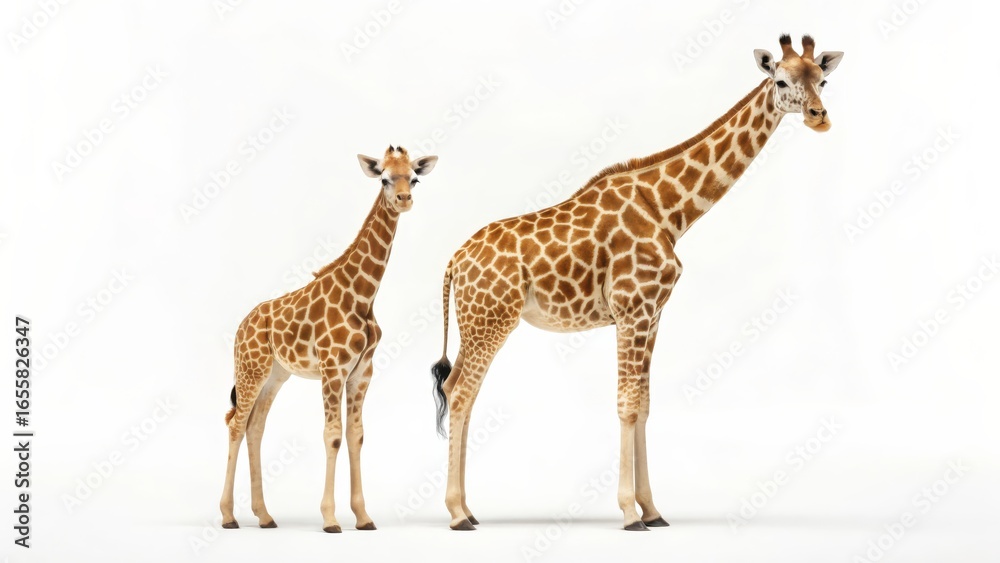 Obraz premium Giraffe and Calf Posing Together Isolated on White Background