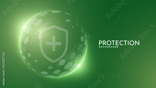 Protection Shield. Healthcare. Insurance. Protection shield with Check mark icon inside transparent sphere shield with hexagon pattern on blue background. 