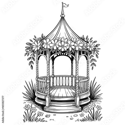 Detailed line art illustration of an ornate garden gazebo