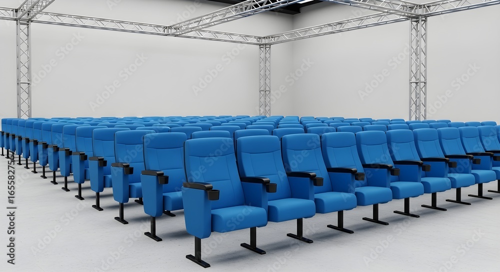 Fototapeta premium A large auditorium with rows of blue chairs facing the front of the room