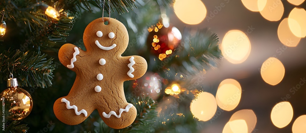 Fototapeta premium Gingerbread man Christmas ornament hanging from a Christmas tree