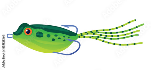 Illustration of a brightly colored frog shaped fishing lure ideal for freshwater fishing during daytime fishing trips to attract fish.