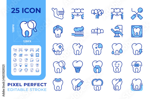 Dental pixel perfect line color icons set. Oral care, stomatology. Medical treatment, odontology. Cosmetic dentistry. Vector illustrations. Simple flat colorful symbols collection. Editable stroke