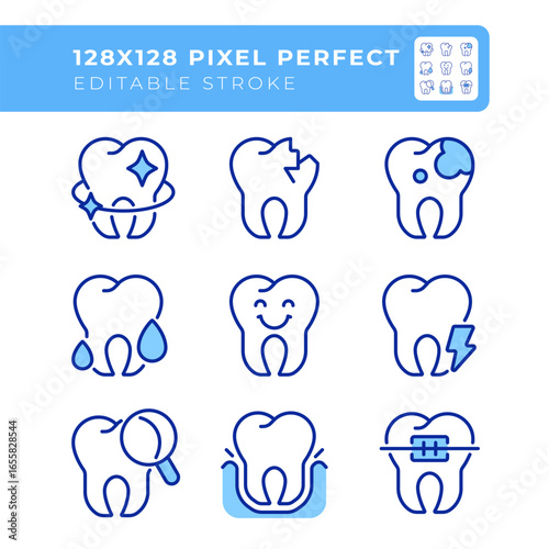 Dental service pixel perfect line color icons set. Cosmetic dentistry, stomatology. Teeth treatment, healthcare. Vector illustrations. Simple flat colorful symbols collection. Editable stroke