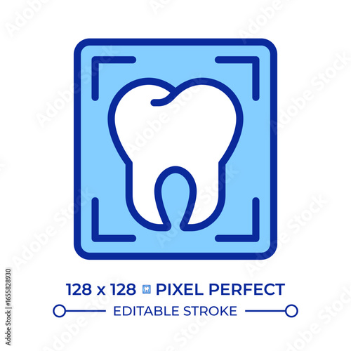 Professional dental services pixel perfect line color icon. Tooth xray. Cosmetic dentistry, teeth whitening. Isolated vector illustration. Flat colorful symbol design. Editable stroke