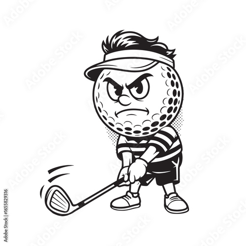 Angry golf ball cartoon mascot character swinging a golf club