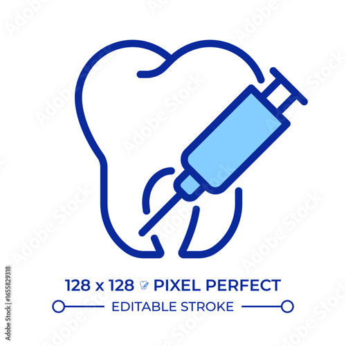 Dental surgery painkiller pixel perfect line color icon. Tooth treatment, syringe injection. Oral health, professional. Isolated vector illustration. Flat colorful symbol design. Editable stroke