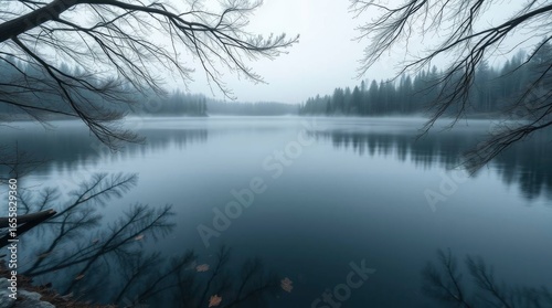 A misty lake reflects bare tree branches creating a somber tranquil scene