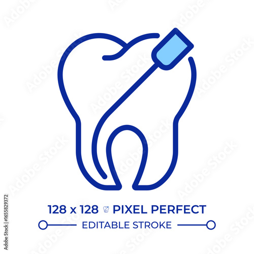 Root canal treatment pixel perfect line color icon. Professional dental care. Oral health. Stomatology, odontology. Isolated vector illustration. Flat colorful symbol design. Editable stroke
