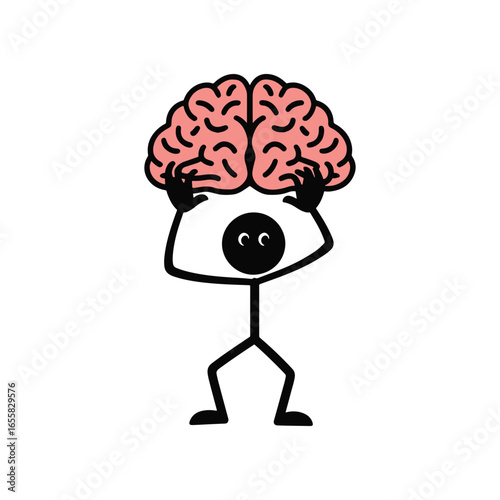 Stick figure cartoon character holding a brain