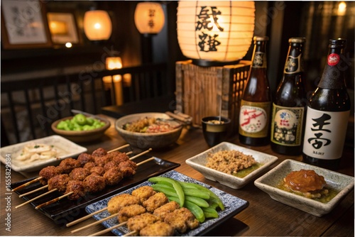 Yakitori skewers, karaage fried chicken, edamame and beer, on a lively izakaya table with dim lantern lights