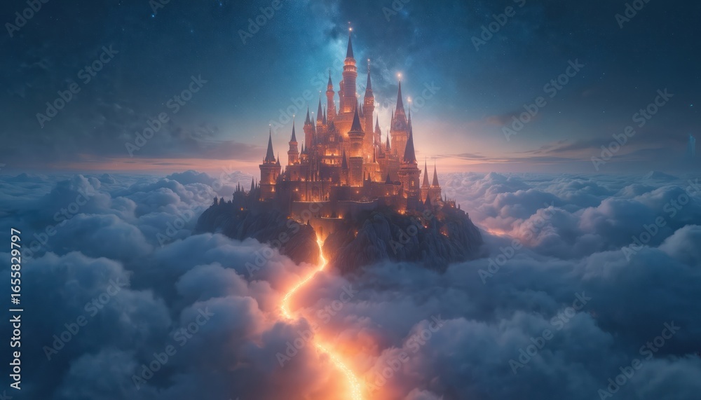 Obraz premium Magical fantasy castle glows atop misty clouds at twilight. Celestial celestial ring adorns night sky. Digital illustration art depicts glowing pathway leading to ornate towers. Dreamlike landscape.