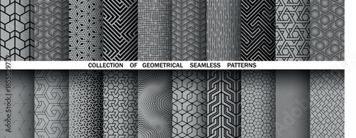 Geometric set of seamless black and gray patterns. Simple vector graphics