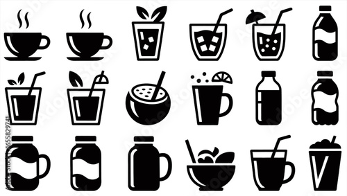Line Art Collection of Beverages A Variety of Drinks in Simple White Outlines on Black