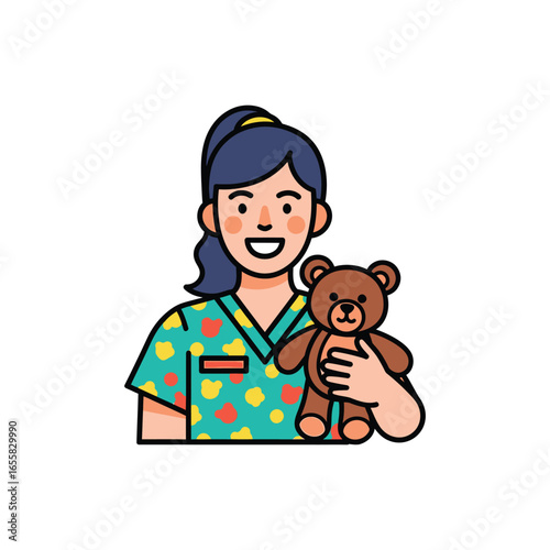 A friendly female nurse in uniform holding a teddy bear