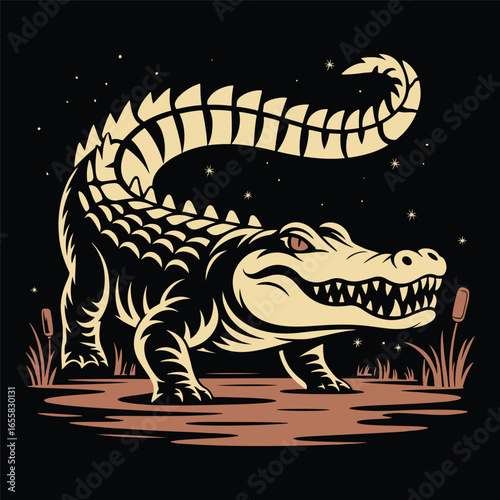 Vector illustration of an alligator in a swamp at night