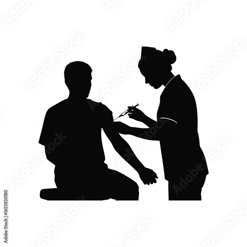 Silhouette of a nurse giving a vaccination shot to a patient, , representing health care, prevention, and medical treatment