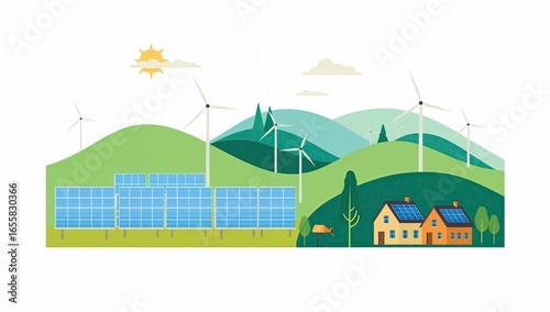 Sustainable Living: Solar Panels, Wind Turbines, and Eco-Friendly Homes in a Green Landscape
